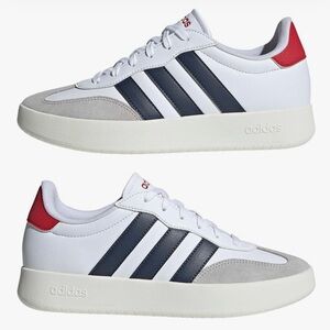 Adidas Barreda Sneakers White with Navy Stripes and Red Heel Size 11.5